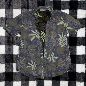 Vintage Garcia Hawaiian Shir Blue Green Floral Button Up Women's L 100% Cotton